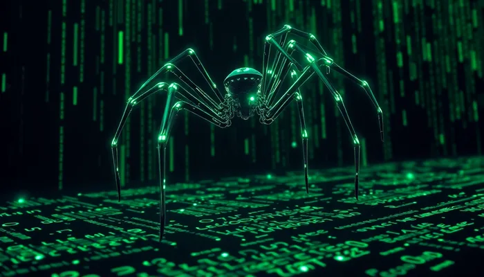 Robô representando um crawler de inteligência artificial analisando o conteúdo de um site