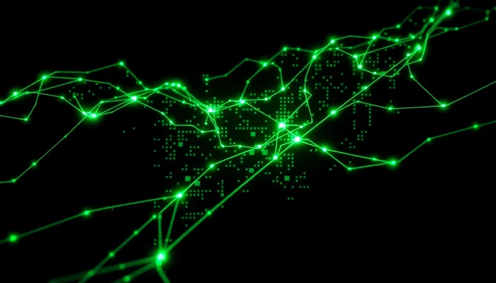 Blocos de dados conectados representando a estrutura de schema e JSON-LD de uma página