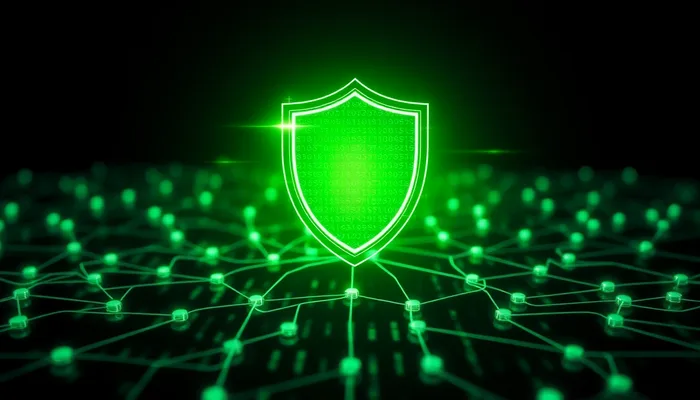 Escudo digital luminoso representando autoridade e confiança de um site para o Google e para IA
